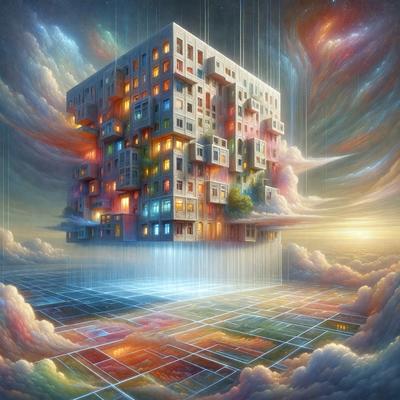 The primary subject of the image is a large, colorful building with many windows. The building is situated in a cloudy sky, giving it a somewhat surreal appearance. The visual style of the image is digital art, as it is a computer-generated illustration. The colors and mood of the image are vibrant and lively, with the building's bright colors and the cloudy sky creating a dynamic and energetic atmosphere.